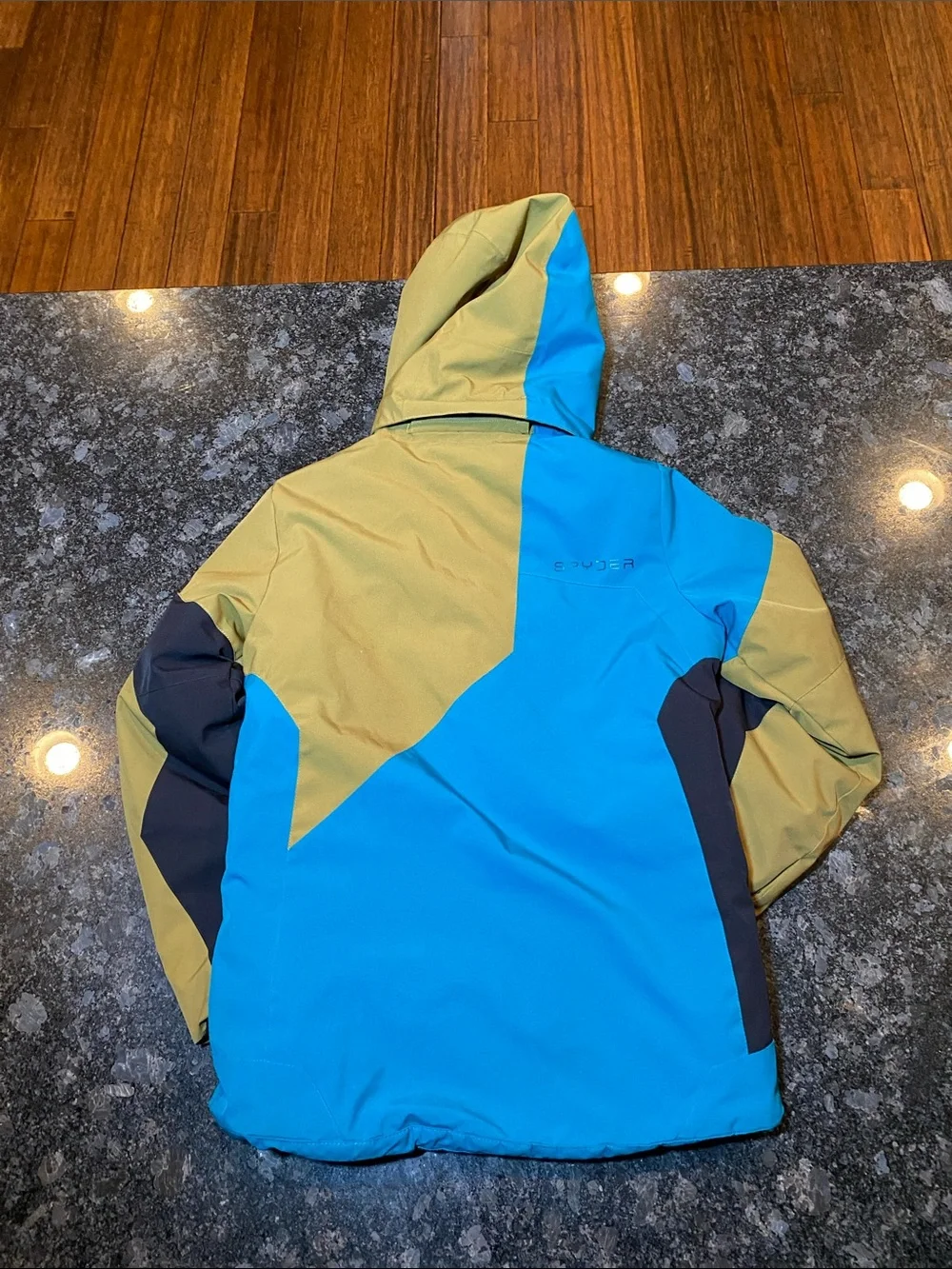 Spyder Ambush Ski Kids Colorblock Hooded Puffer Jacket Blue, Olive & Black Sz 14